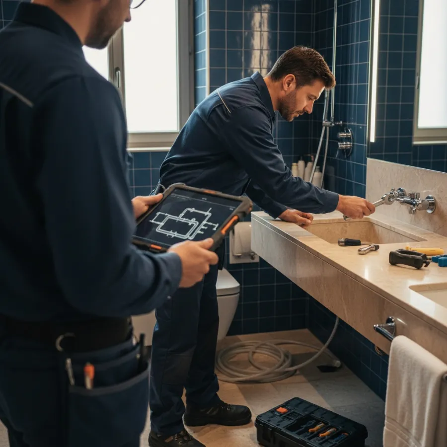 Équipe PUG en intervention dans une salle de bain genevoise — plombiers en uniforme bleu marine, diagnostic tablette, raccordements chrome